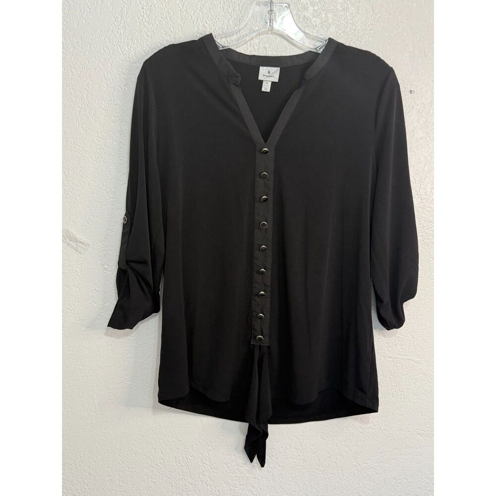 Dressbarn Black Tie Front Blouse Small Roll Tab Sleeve Career Top